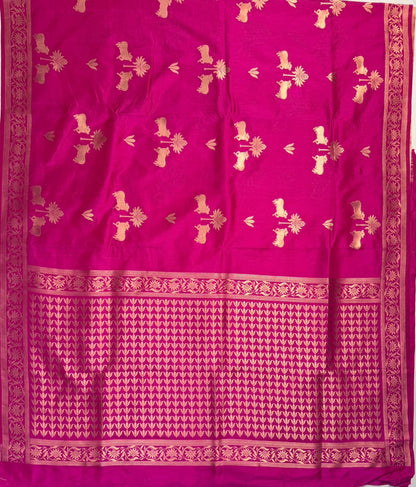 Utsav Banaras 437B: Hot Pink Soft Silk Saree with Gold  Zari Nandi Motifs
