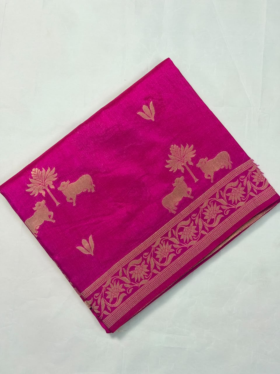 Utsav Banaras 437B: Hot Pink Soft Silk Saree with Gold  Zari Nandi Motifs