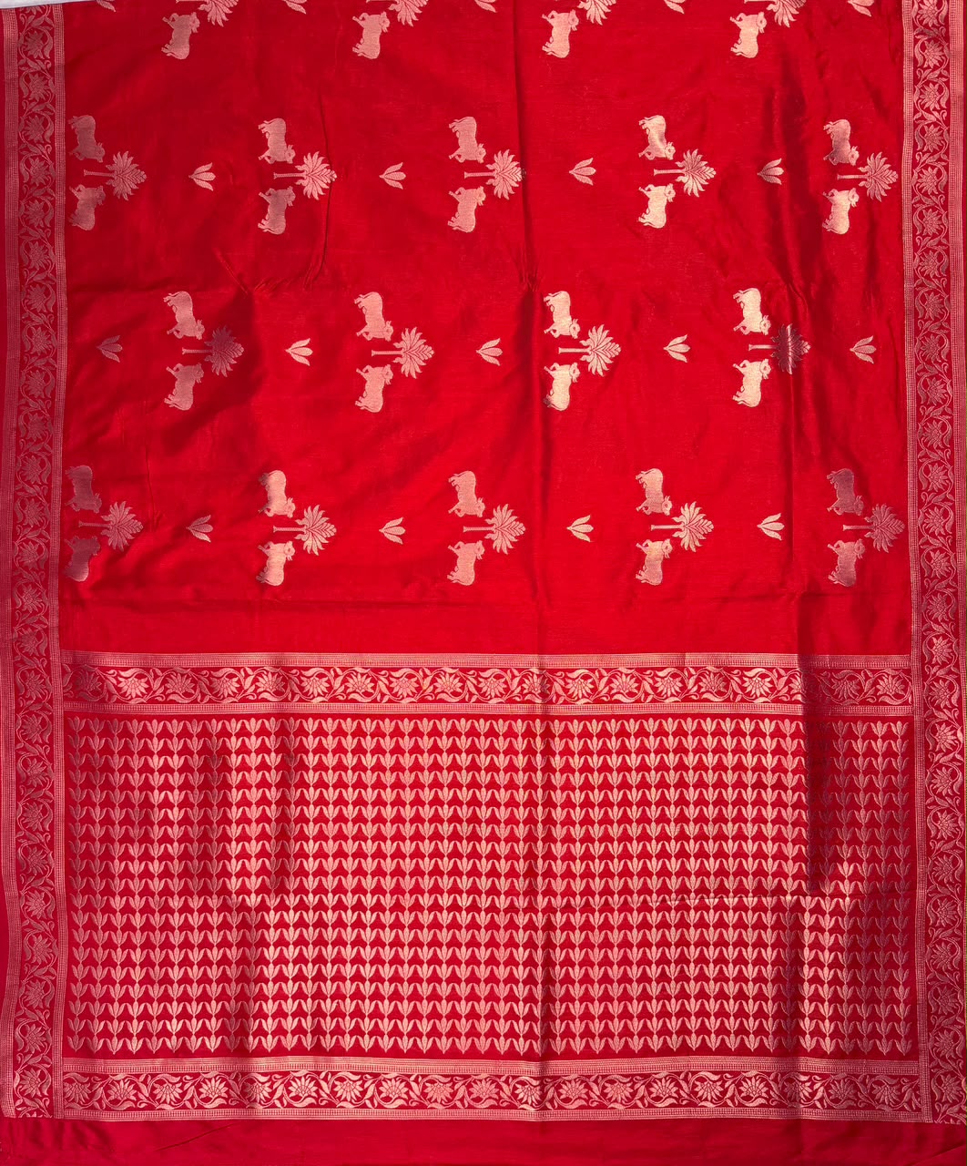 Utsav Banaras 437A: Royal Red Soft Silk Saree with Gold  Zari Nandi Motifs