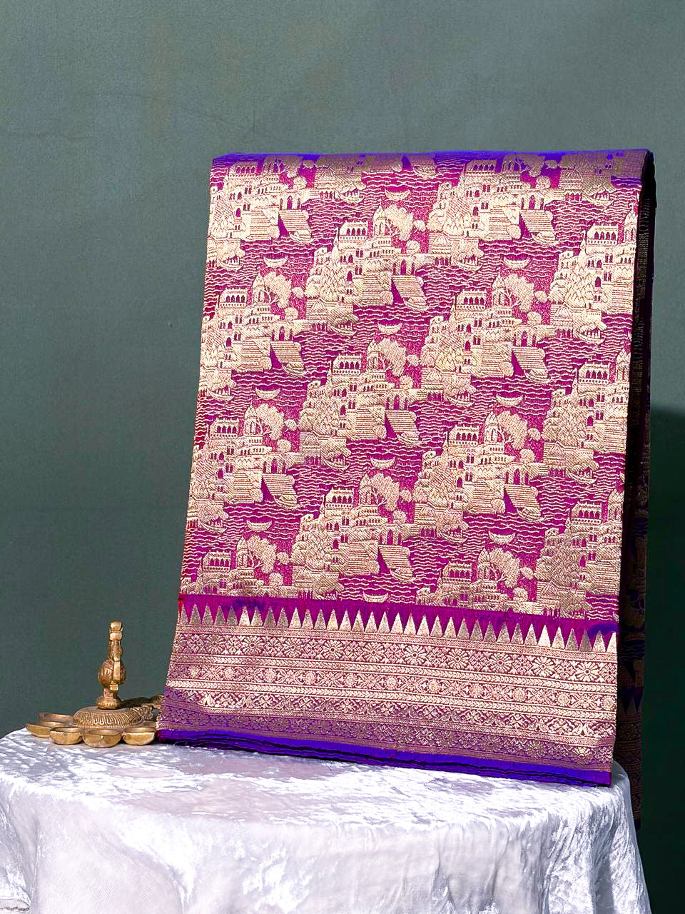 Waah Banaras 143: Royal Kashi Ghat Gold Zari Brocade Katan Silk Saree in Violet Magenta