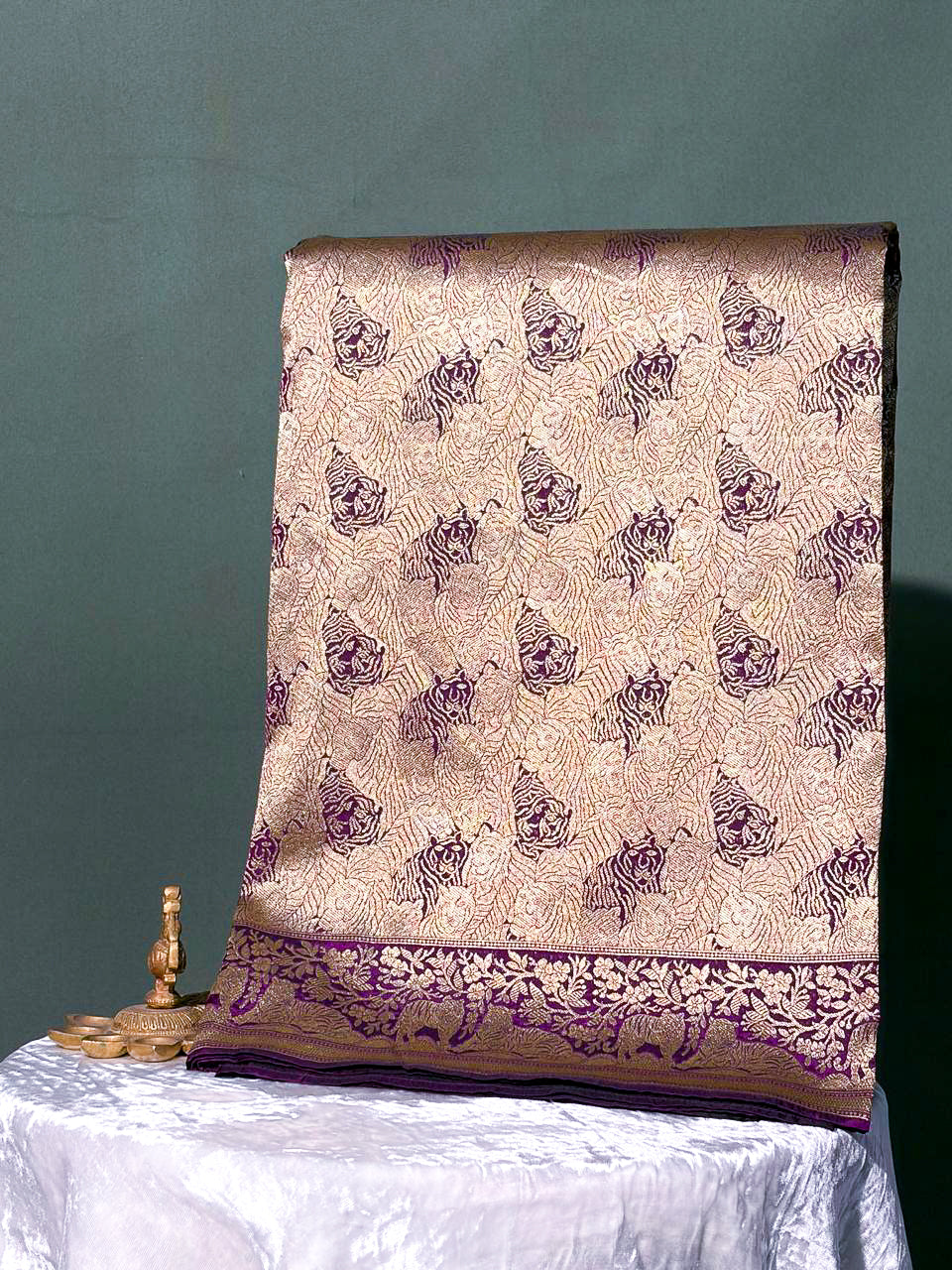 Waah Banaras 146: Bright Purple Regal Lion Motif Gold Zari Brocade Katan Silk Saree