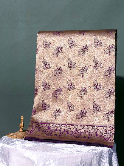 Waah Banaras 146: Bright Purple Regal Lion Motif Gold Zari Brocade Katan Silk Saree