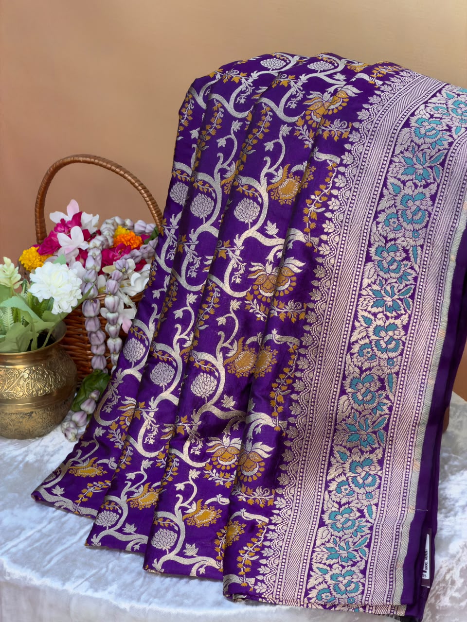 VIRASAT 419: Royal Purple Pure Handloom Floral Jaal Meenakari Saree | Silk Mark Certified