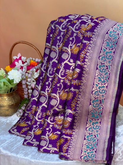 VIRASAT 419: Royal Purple Pure Handloom Floral Jaal Meenakari Saree | Silk Mark Certified