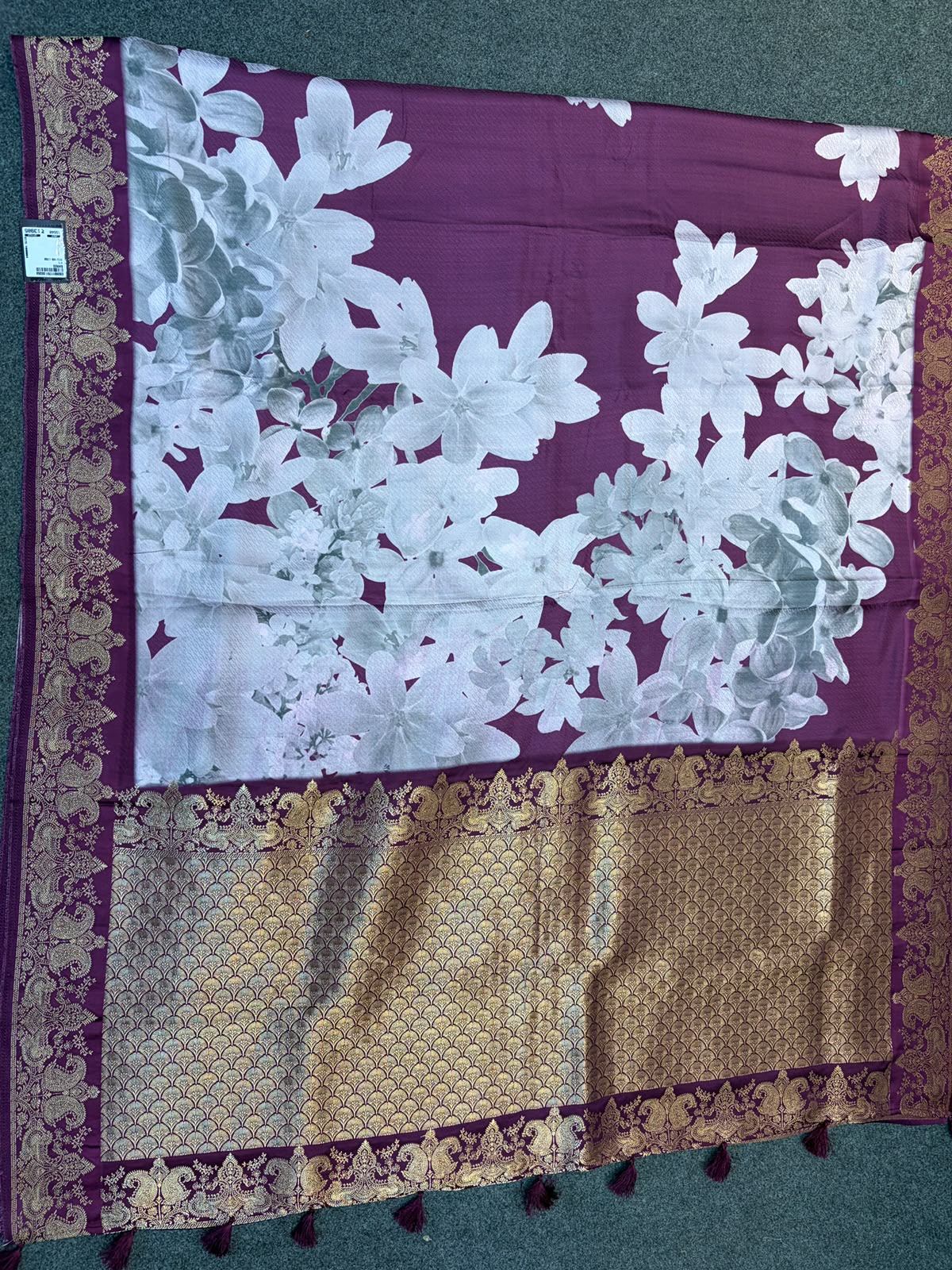WAAH BANARAS 178B: Banarasi Crape Saree with Digital Floral Print &amp; Zari Border and Palla | Wine