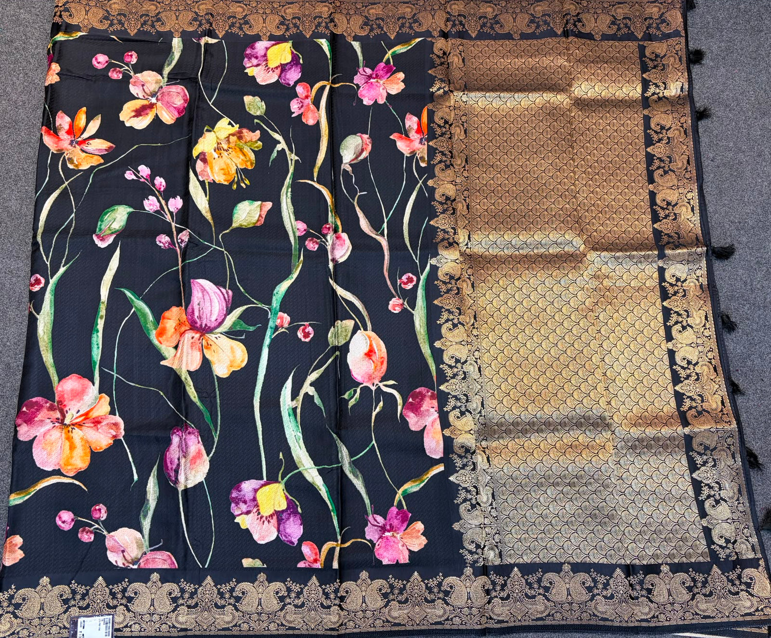 WAAH BANARAS 179C: Banarasi Crape Saree with Digital Floral Print &amp; Zari Border and Palla | Black