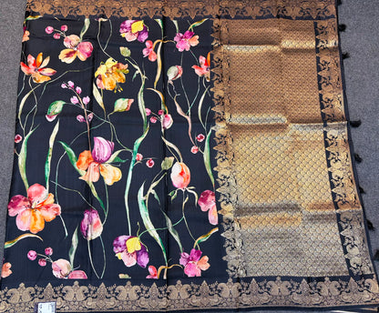WAAH BANARAS 179C: Banarasi Crape Saree with Digital Floral Print &amp; Zari Border and Palla | Black