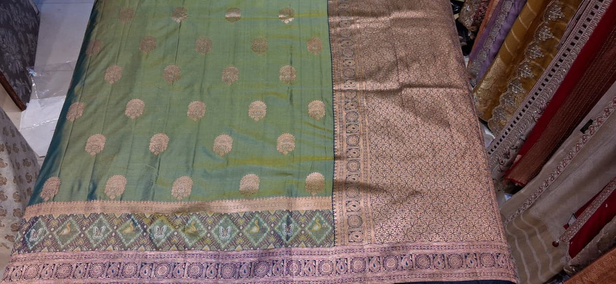UTSAV BANARAS 495: Pista Green Banarasi Soft Silk Meenakari Zari Saree