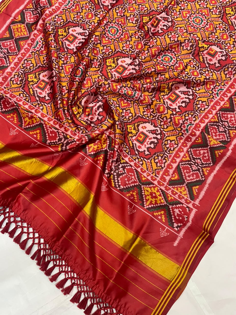 MCD 042: Maroon Red Patola Silk Dupatta With Tassels &amp; Standard Length