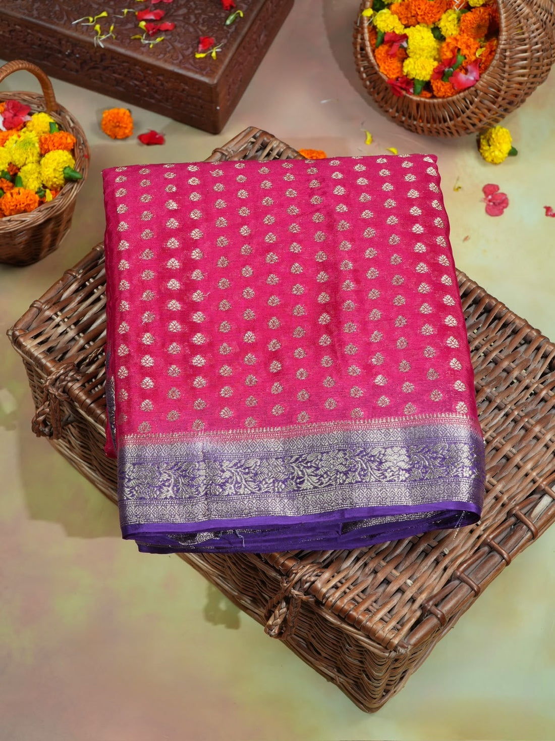 UTSAV Banaras 424D: Hot Pink Premium Mysore silk saree with Khaddi buti &amp; Traditional Contrast Banarasi Border