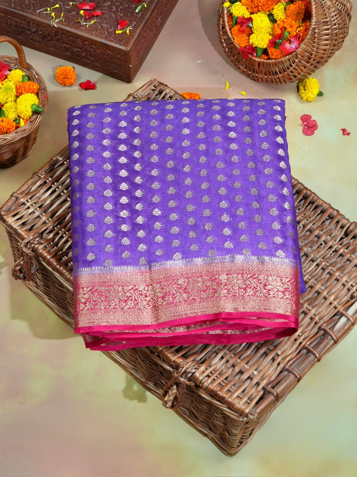 UTSAV Banaras 424A: Voilet Premium Mysore silk saree with Khaddi buti &amp; Traditional Contrast Banarasi Border