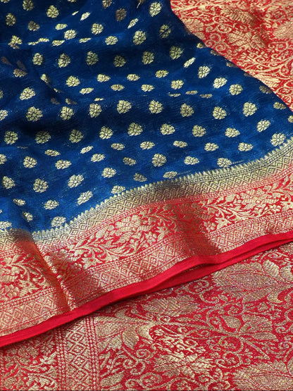 UTSAV Banaras 424C: Navy Blue Premium Mysore silk saree with Khaddi buti &amp; Traditional Contrast Banarasi Border