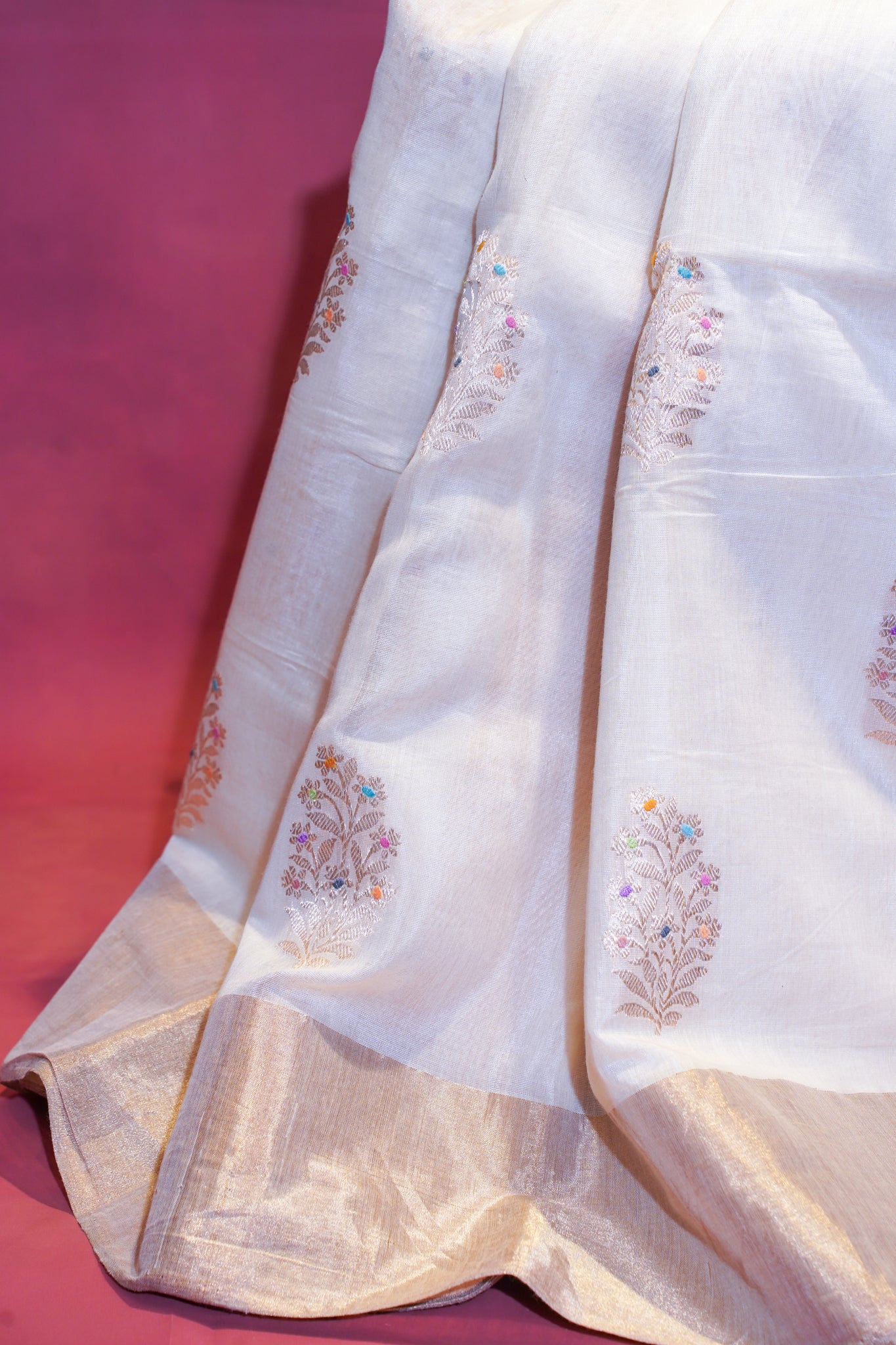 "VIRASAT 276" Banarasi Neelambari Pure Soft Silk Saree with Meenakari Kadwa Buta Work in Ivory