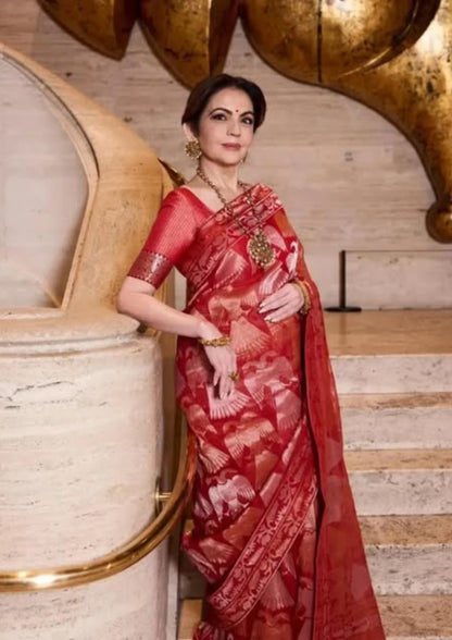 "VIRASAT 248" Banarasi Red Pure Katan Uppada Silk Saree With Double-Headed Eagle Motif