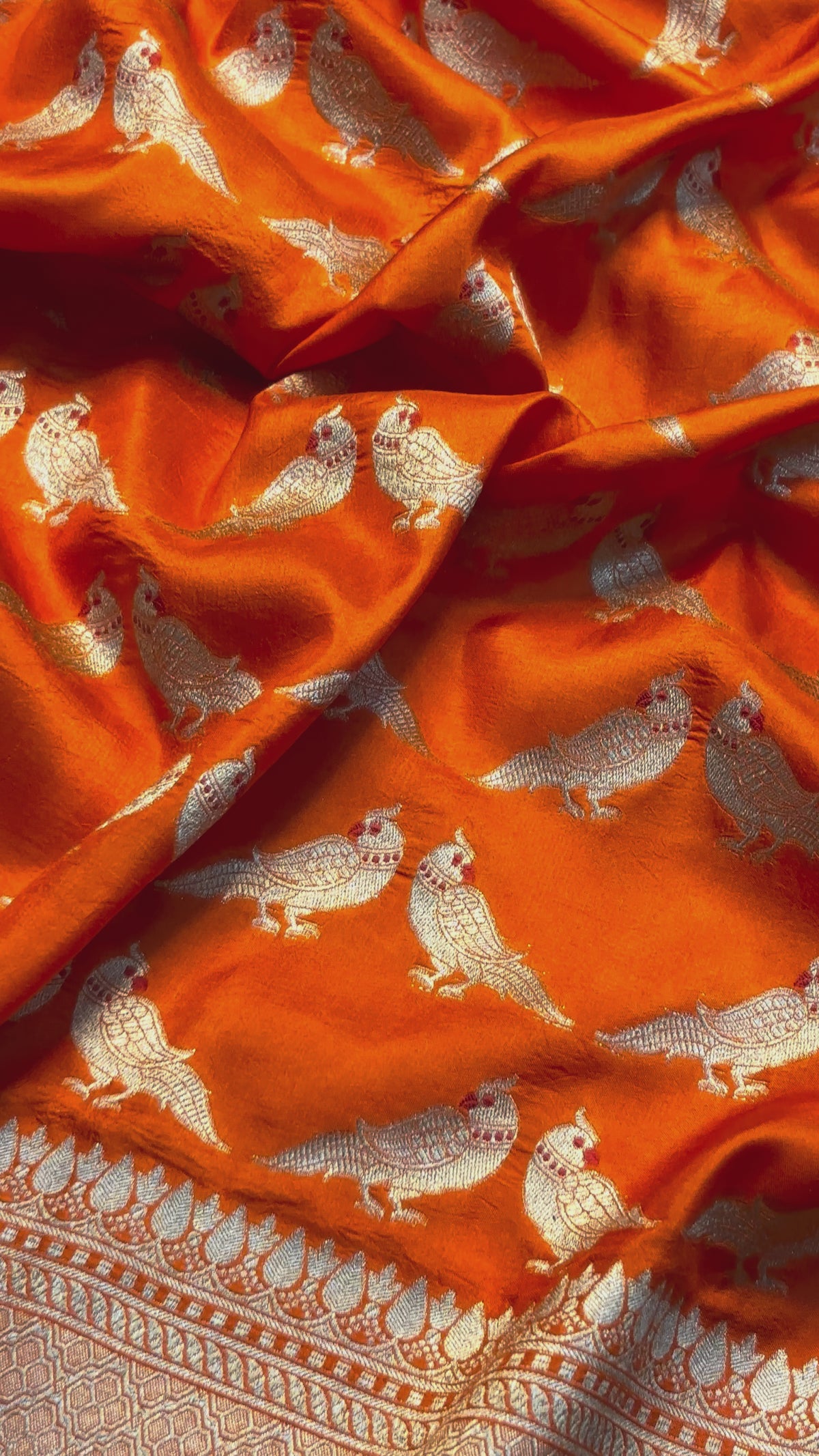 Founder Choice 060: Hot Orange Pure Katan Silk Saree with Meenakari Parrot Jaal Motifs With Silk Mark