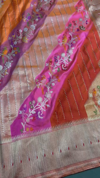 Founder Choice 061: Luxury Rangkat Pure Katan Silk Saree with Bird &amp; Floral Meenakari Work | Silk Mark Certified