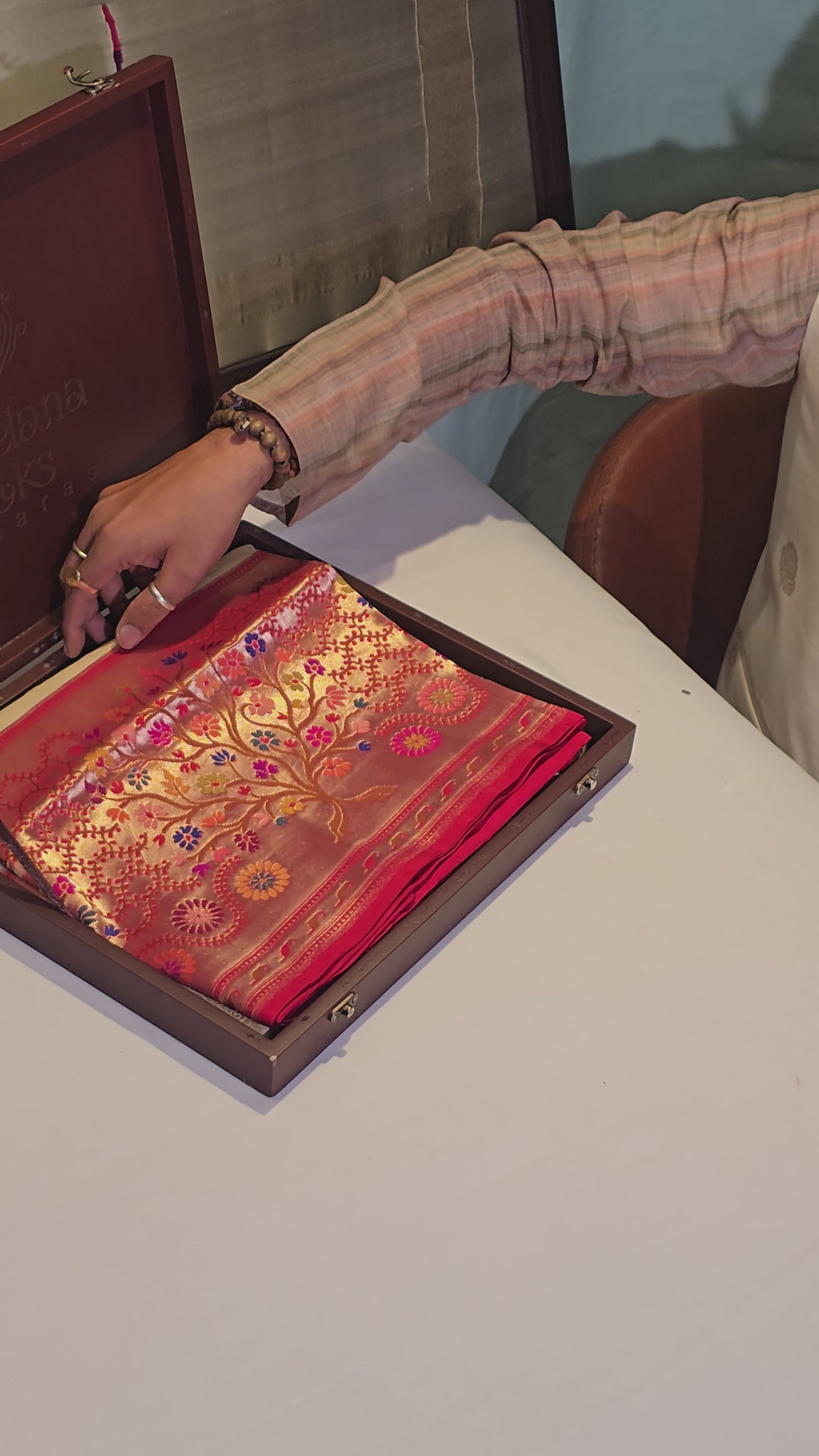 Founder Choice 031: Pearl &amp; Red Pure Handloom Katan Silk Saree with Kadiyal Border| Silk Mark Certified