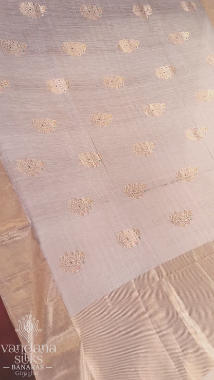 "VIRASAT 276" Banarasi Neelambari Pure Soft Silk Saree with Meenakari Kadwa Buta Work in Ivory
