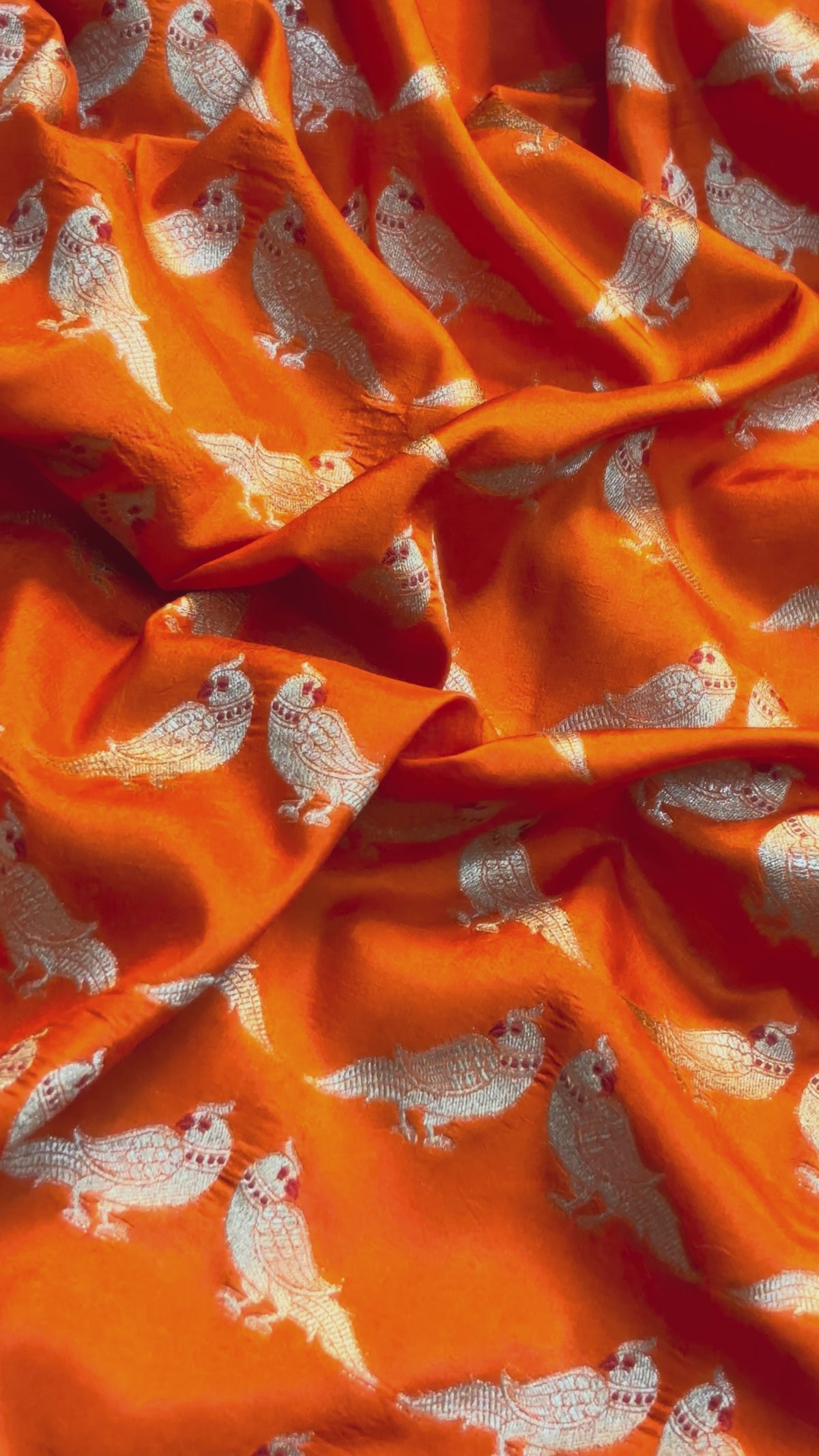 Founder Choice 060: Hot Orange Pure Katan Silk Saree with Meenakari Parrot Jaal Motifs With Silk Mark