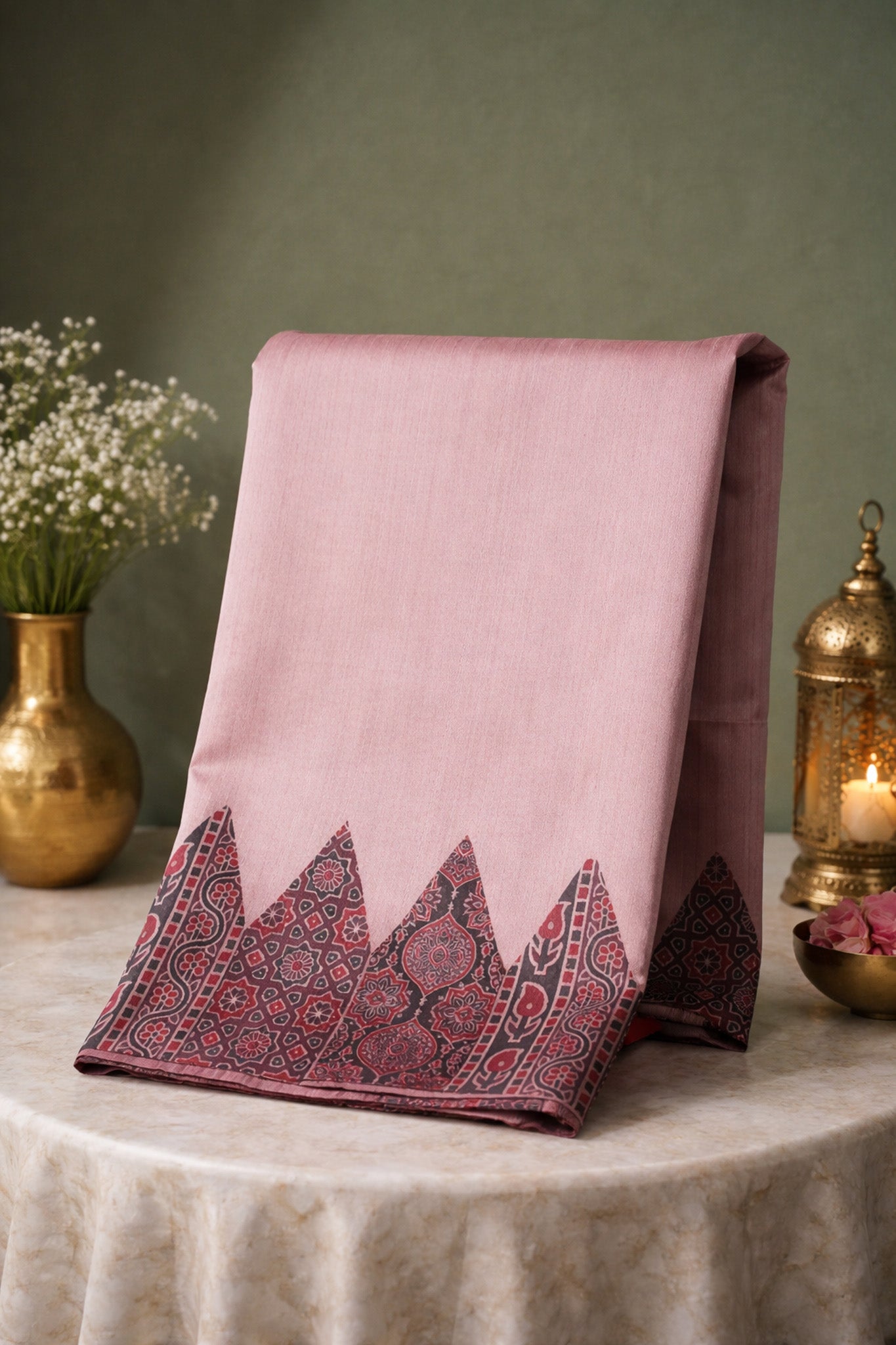 Mauve Banarasi Tussar Silk Saree With Madhubani &amp; Ikat Printed Border