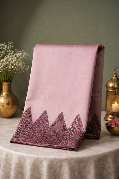 Mauve Banarasi Tussar Silk Saree With Madhubani &amp; Ikat Printed Border