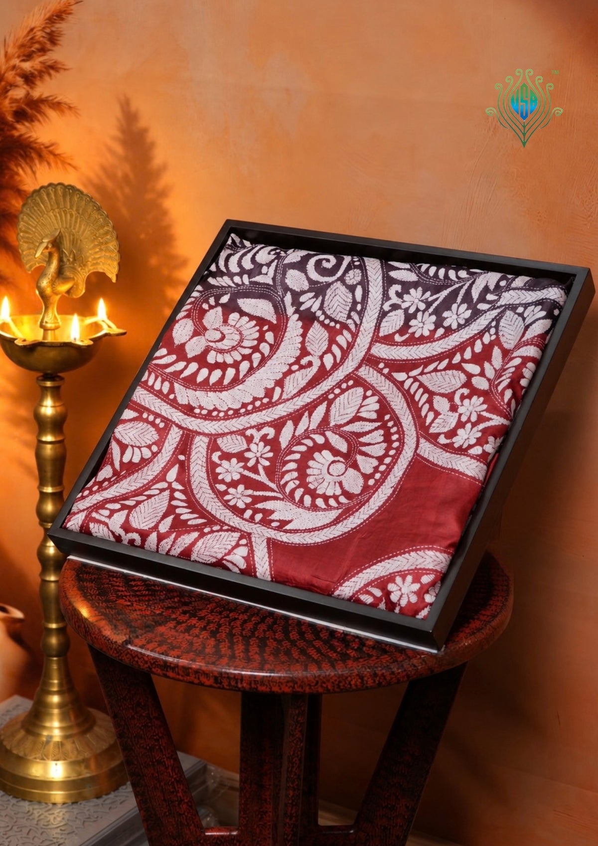 VIRASAT 358: Noir Rouge Pure Tussar Silk Kantha Work Saree | Silk Mark Certified
